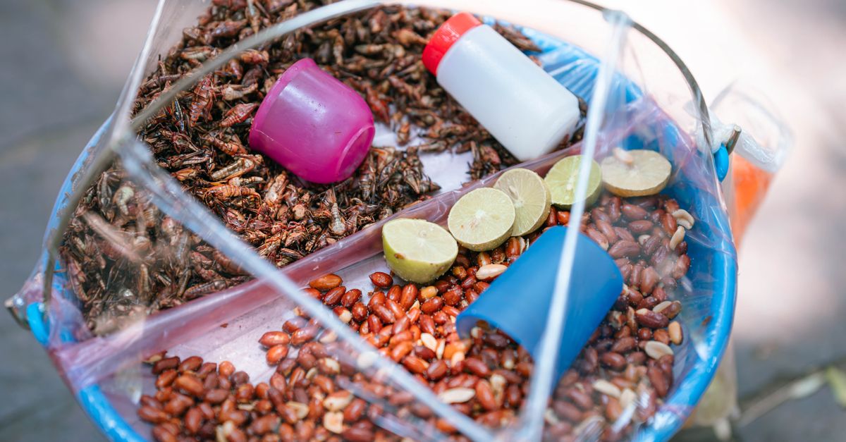 Colorful display of traditional Mexican street snack including peanuts, grasshoppers, and limes.